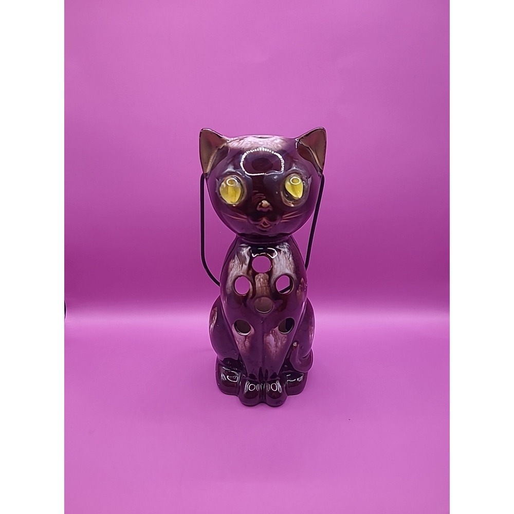 Vintage Inarco Redware Ceramic Drip‎ Cat Lantern Votive w/Yellow Marble Eye